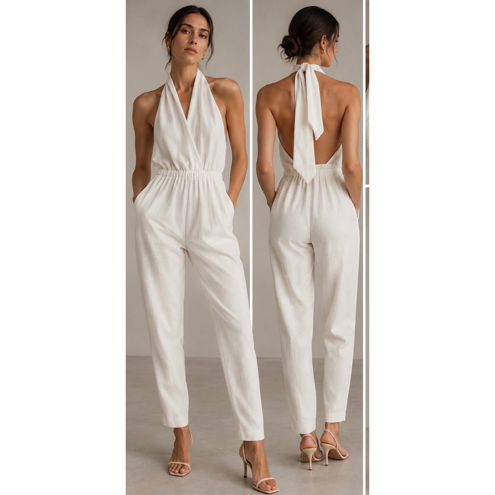 Reiss White Halter Neck Tapered Leg Jumpsuit Size 4 Crepe Textured Sleeveless